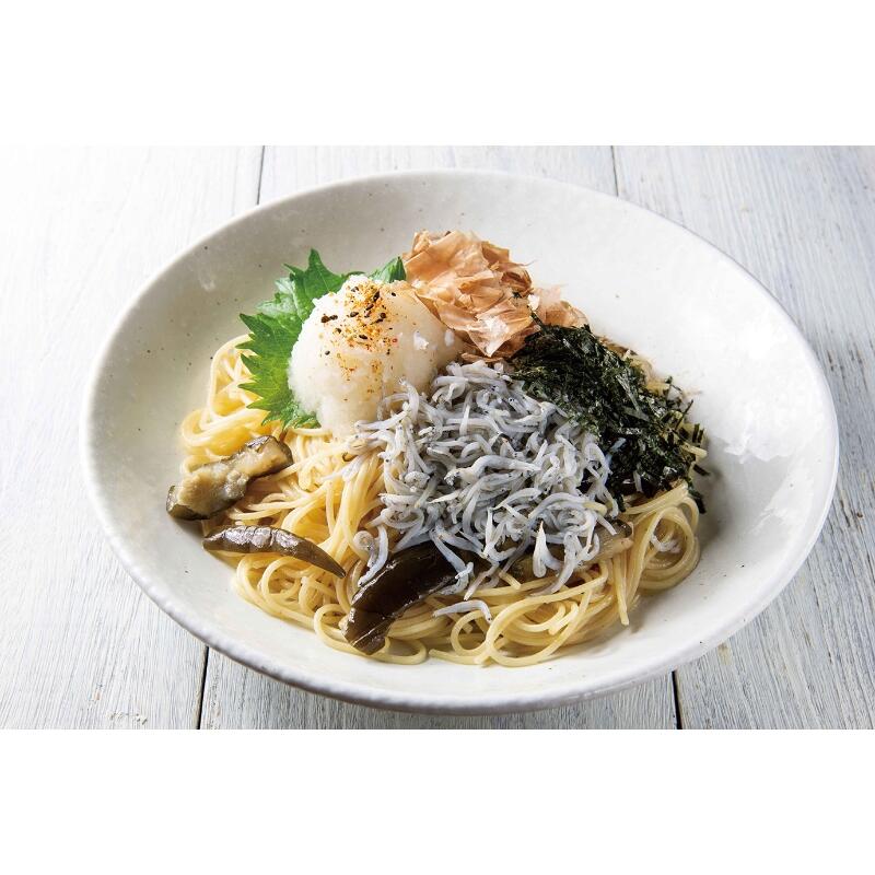 A mild-tasting pasta with a plum sauce, topped with Kyoto Shibazuke pickles and Shirasu